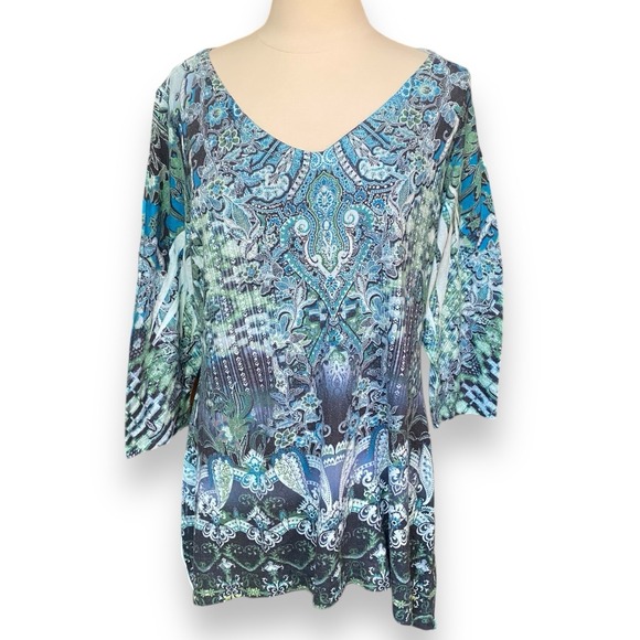 World Unity XXL 2XL Top Shirt Tunic Blue‎ V-Neck 3/4 Sleeve Beaded Stretch - Picture 2 of 7